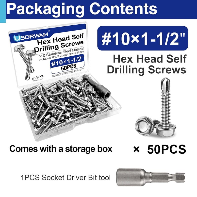 Usdrwam 50Pcs #10×1-1/2" Self Tapping Screws for Metal, 410 Stainless Steel Hex Washer Head Sheet Metal Screw - Image 3